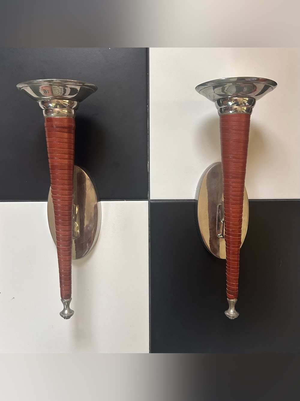 Pair of Vintage Leather-Wrapped Silver Wall Sconces - Red Brown